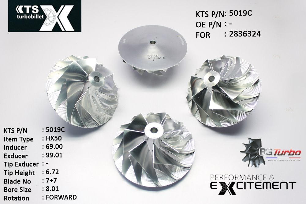 Turbo ROUE FORGÉE MFS PERFORMANCE - 7+7 PALES - INDUCER : 69 - EXDUCER : 99,01 - TYPE : HX50ANGLE : 50° - ROTATION : Forward - SUPER BACK : 6,27 - BORE SIZE : 8,01
